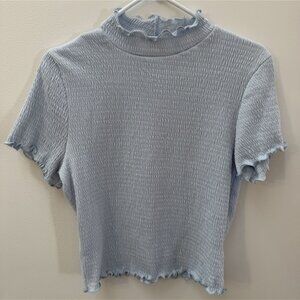 Altar'd State Blue Smocked Ruffle Trim Short Sleeve Top L